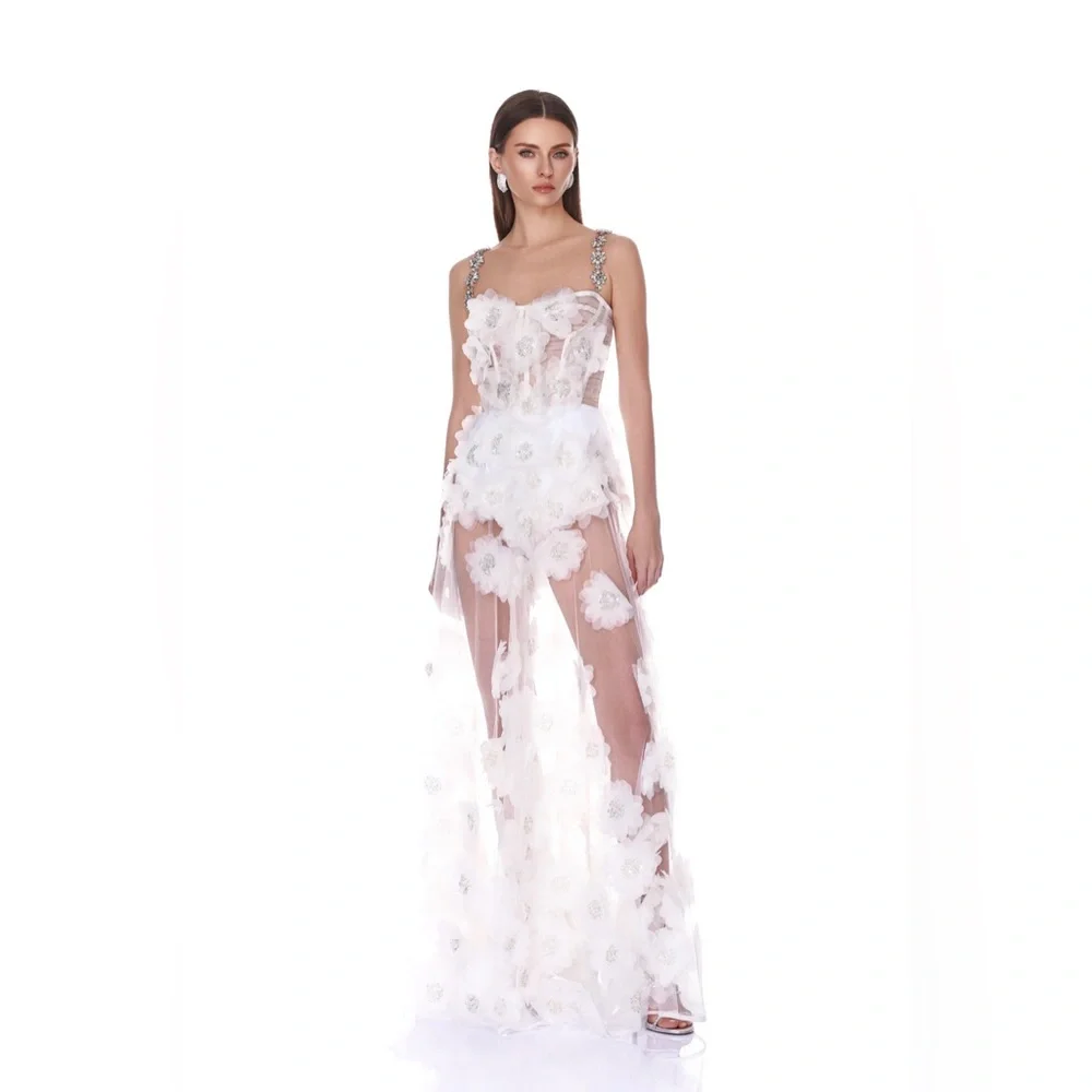 Bronx & Banco Anastasia White Flower Appliqued Maxi Bridal Dress Gown L NWOT - Picture 2 of 7